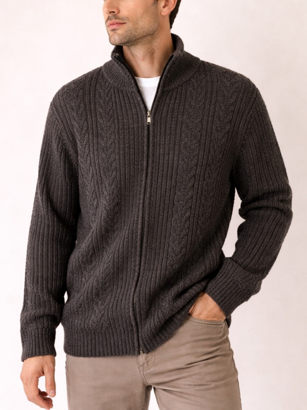 London Fog Cable Knit Full Zip Mock Neck Sweater Quiet Luxury Sz 2X